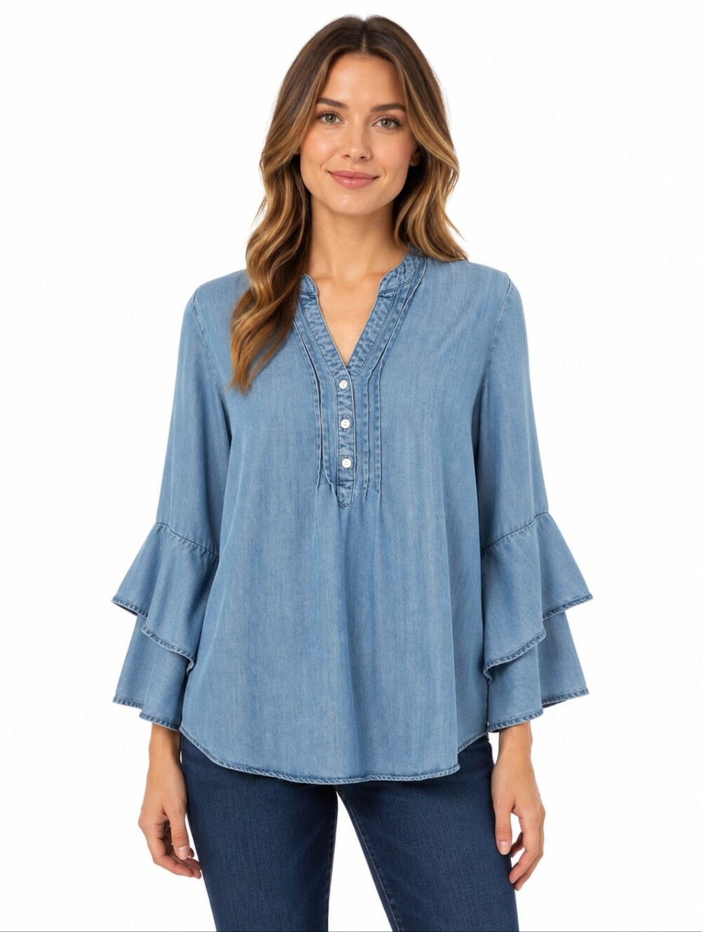 Pioneer Woman Lyocell Chambray Tunic Top Bell Sleeve Blue Medium M